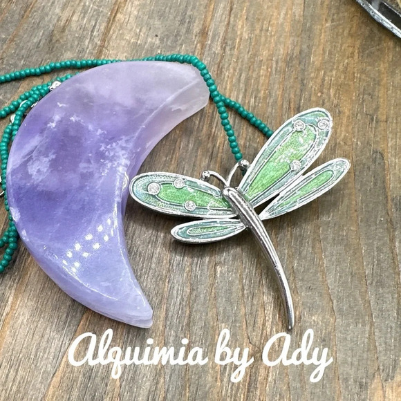 Vintage Dragonfly Cloissone big pendant enamel brooch beaded seed short neclace - Picture 2 of 3